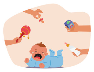 Crying Baby Boy Lying Down While Being Comforted By Multiple Hands, Offer A Rattle, Pacifier, Toy Block And Milk Bottle