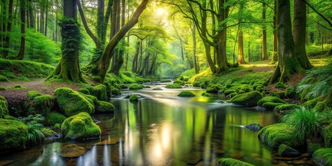 Tranquil forest scene with a peaceful stream and lush greenery, meditation, nature, mindfulness, tranquility, relaxation, peaceful, calm, serene, zen, forest, stream, water, foliage, trees