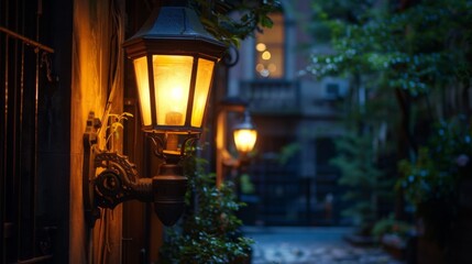 A vintage gas lamp glowing in the twilight, adding a touch of old-world charm to a historic city...