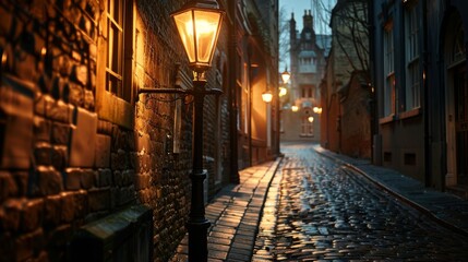 A vintage street lamp casting a warm glow on a cobblestone alley, evoking a sense of nostalgia and...