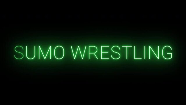 Flickering neon green sumo wrestling sign animated on black background.