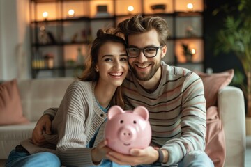 Young couple in a cozy home setting with a piggy bank