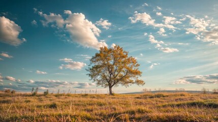Obraz premium Lone tree in a field with cloudy sky