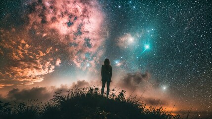 Fototapeta premium Silhouette of a woman looking at the starry sky and nebula