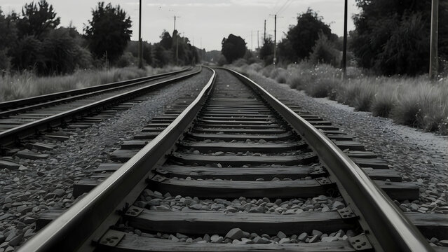 Black and white image emphasizing the perspective of railroad tracks stretching into the horizon