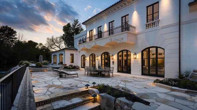 The bold contrast of a white mansion's smooth facade against the rough textures of natural stone landscaping in the early evening light.