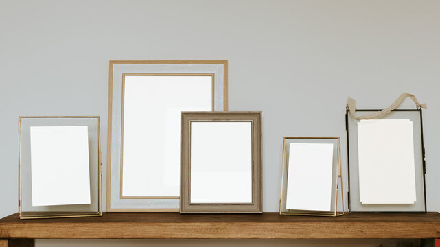 Picture frame png mockups, transparent design on shelf