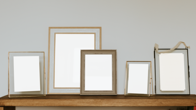 Picture frame png mockups, transparent design on shelf