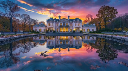 white mansion in a large, tranquil pond at twilight, showing a mirror image of the mansion and the colorful sky above.