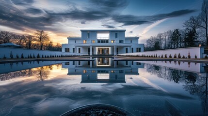 The reflection of a white mansion in a large ornamental pond, showing the house symmetry and modern design under a dusky sky.