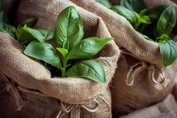 Young green plants in burlap sacks, close-up.