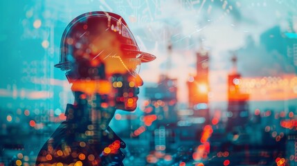 Silhouette of Engineer with Hard Hat Overlaid with Futuristic Cityscape and Digital Data, Representing Modern Technology and Urban Development