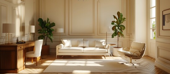 Elegant Modern Living Room with Natural Light, Minimalist Furniture, and Indoor Plants in a Cozy Home Setting