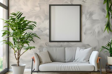 White sofa and empty photo frame on the wall, plant nearby