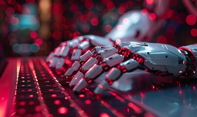 Futuristic robot hands typing on a laptop Generative AI image