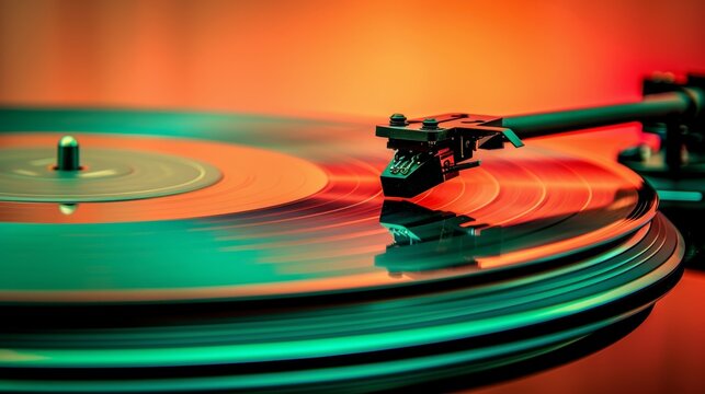 A high-quality close-up shot of a turntable needle playing a vinyl record with a vibrant, colorful background reflecting an atmospheric mood