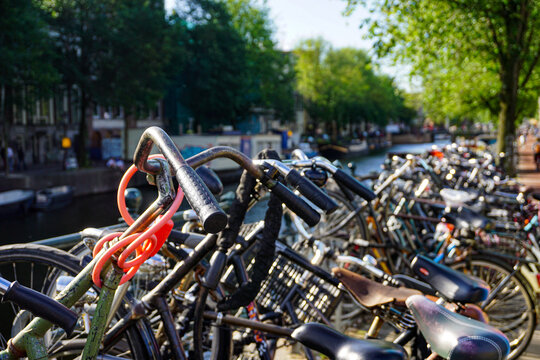Close up of bicycles parked in city