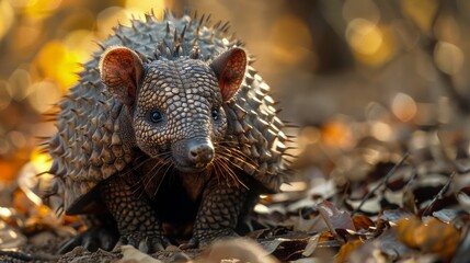 Obraz premium A charming close-up photograph of a young armadillo with a textured shell, captured in its natural habitat with a blurred background of autumn leaves