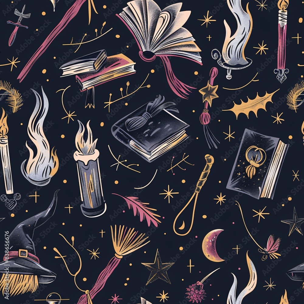 Poster a seamless pattern featuring enchanted objects like witchesâ€™ brooms, spell books, and magical wand