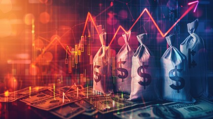 Obraz premium Financial Growth Concept - Upward-Trending Arrow, Money Bags, and Investment Charts with Copy Space for Advertising Design.