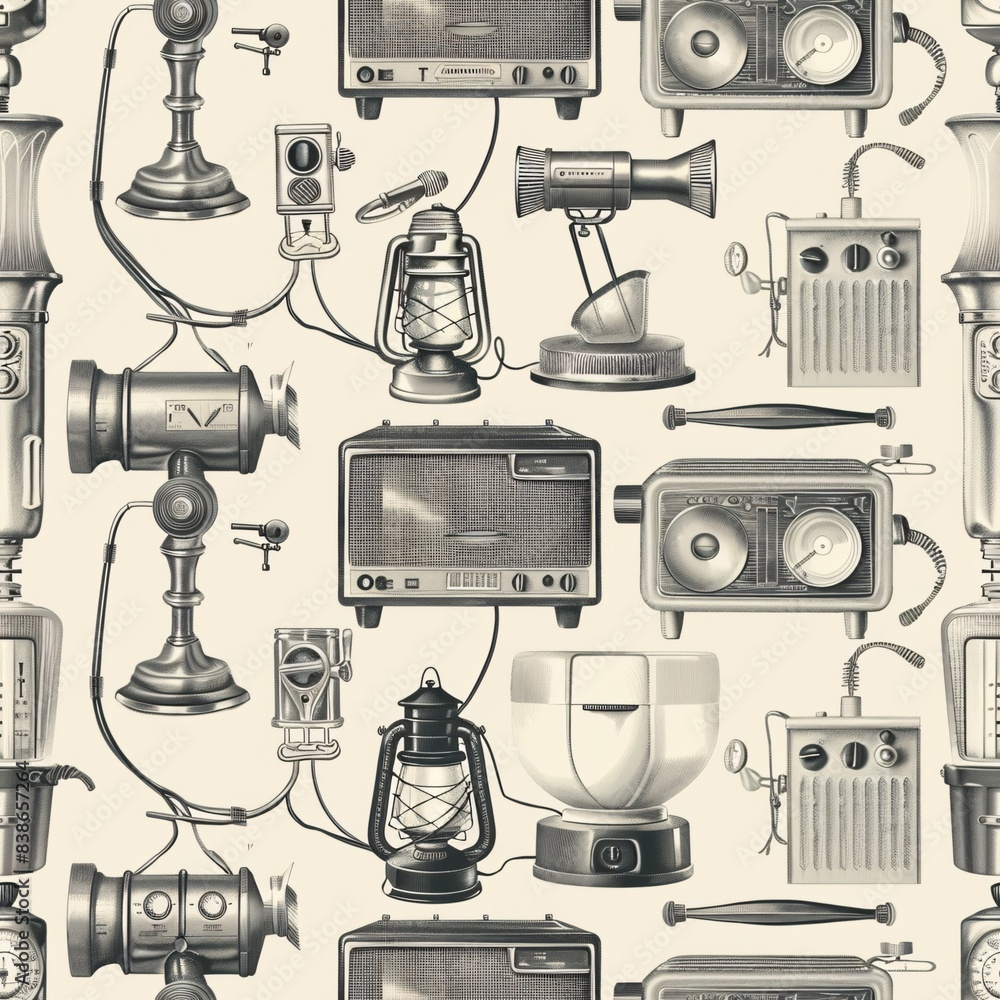 Aufkleber a seamless pattern of various antique electrical appliances, harmoniously blended to create an intri