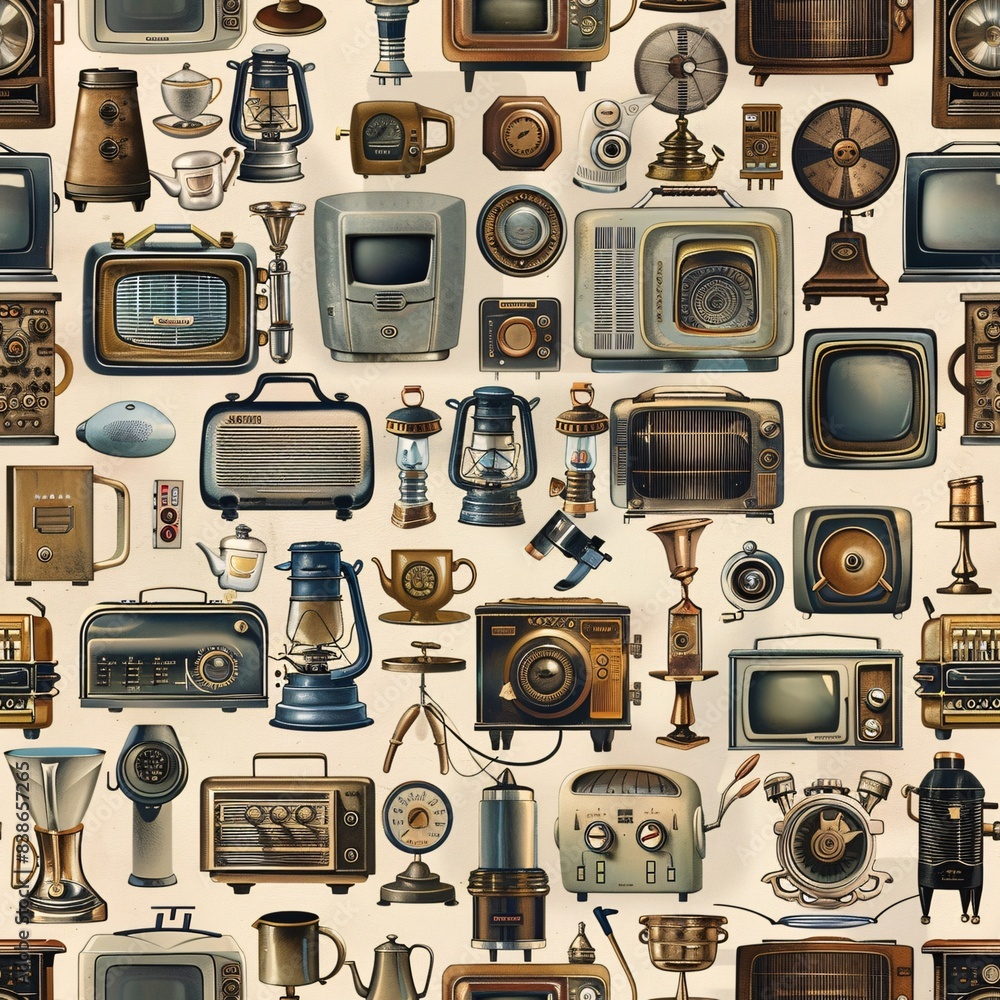 Aufkleber a seamless pattern of various antique electrical appliances, harmoniously blended to create an intri