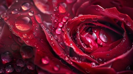 Naklejka premium Macro shot of raindrops dancing on the velvety petals of a deep red rose, showcasing nature's artistry in every detail
