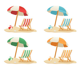 The Vector illustration set of a Wooden Beach Chair, blue Umbrella, and Ball with four colors. Summer holiday on the beach vector illustration.Time to travel concept