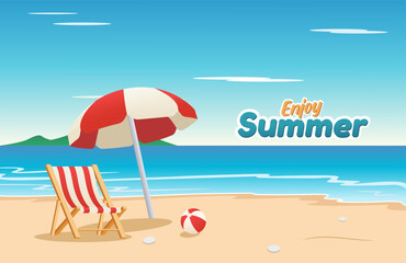 Vector illustration of beach with, a red umbrella, red beach wooden deck chair, and a red beach ball. enjoy the summer text on the right side. summer vacation at the beach.