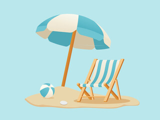 Vector illustration of Wooden Beach Chair, blue Umbrella, and Ball. Summer holiday on the beach vector illustration.Time to travel concept © Hussein