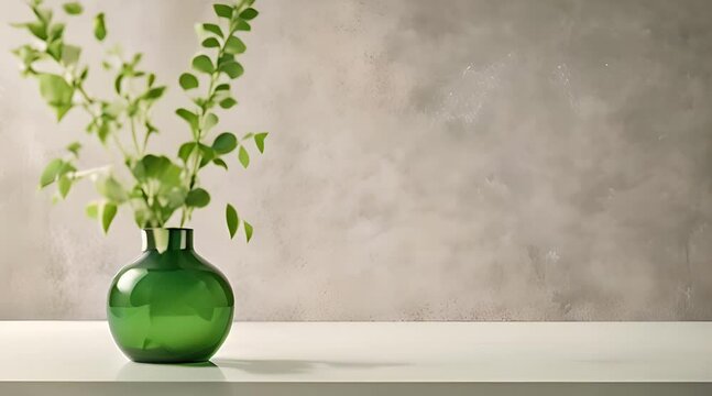 White empty concrete textured wall and podium stage background, green glass vase with plants, neutral sustainable natural brand product showcase template, mock up with copy space