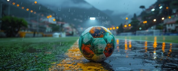 A colorful and wet soccer ball sitting on a rain-soaked field during a dramatic and rainy evening...