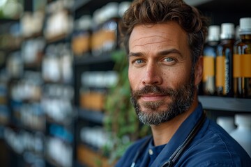 Fototapeta premium A professional individual with a stethoscope around their neck standing in front of shelves lined with various bottles in a well-organized workspace