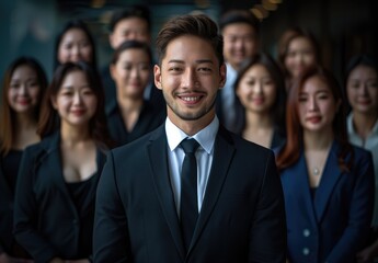 A group of young businessmen smiling, he is confident while his team stands behind him with crossed arms, the background features an office