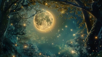 The moon shining brightly through a canopy of trees in a mystical forest, illuminating the enchanted surroundings