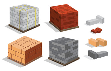 Set of building brick stacks, 3D isometric building brick wall isolated. Eps Vector
