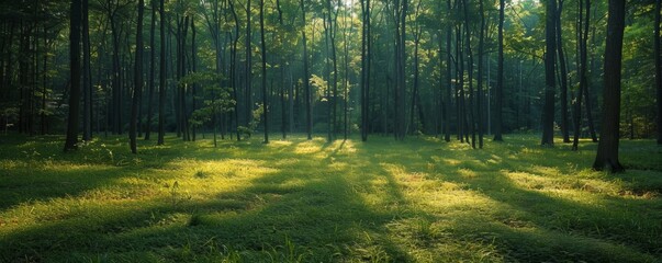A serene forest landscape with tall trees and sun rays filtering through the canopy, casting long shadows on the lush green forest floor