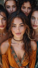 Obraz premium A group of five young women with diverse beauty and distinctive facial features, posing closely together and facing the camera in a vibrant and captivating shot