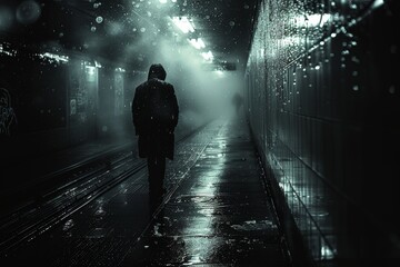 Moody atmospheric photograph of an urban subway station with silhouetted figures, misty surroundings, and reflections on wet surfaces creating an eerie, cinematic effect