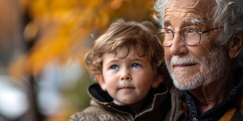 A tender moment between an elderly man and a young child set against the vibrant, colorful background of autumn foliage, capturing their warm expressions