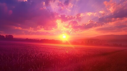 Obraz premium The sun setting over a peaceful countryside, with the sky ablaze in shades of pink, orange, and purple
