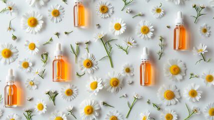 composition with chamomile flowers and cosmetic bottle