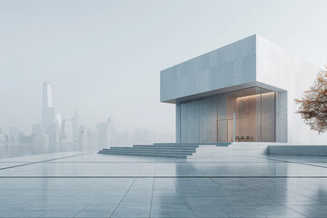 Concrete outdoor square building, The modern urban skyline is in the background.