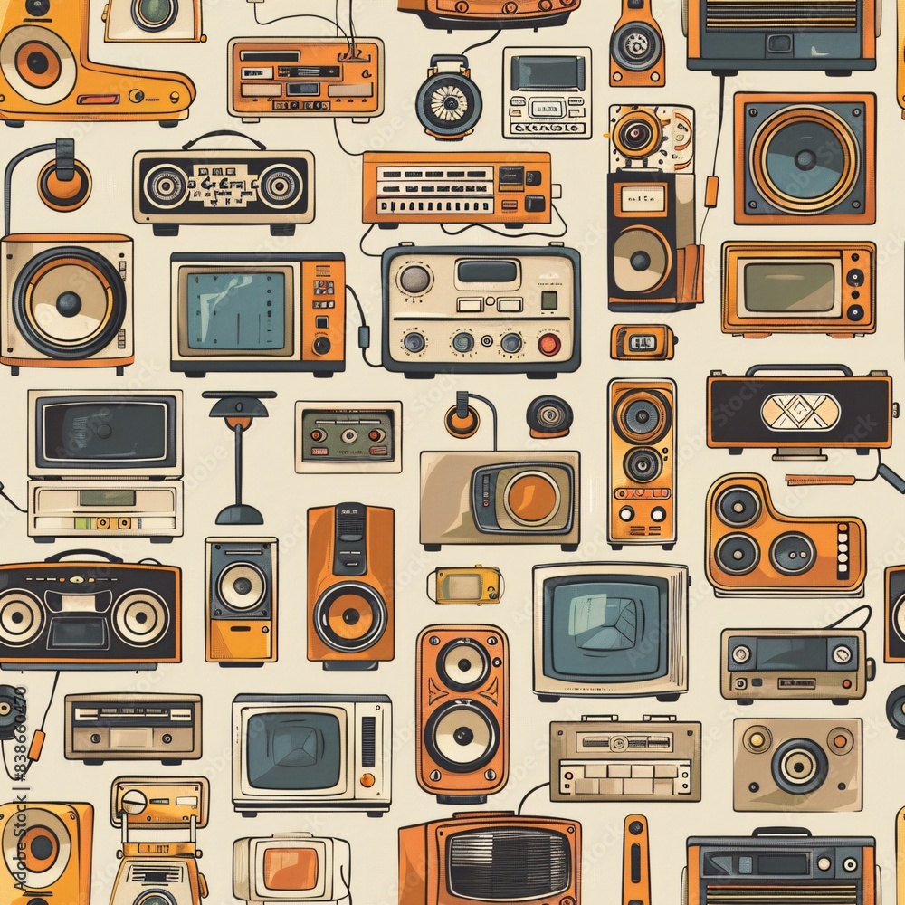 Poster a seamless pattern of various retro devices, harmoniously blended to create an intricate and continu