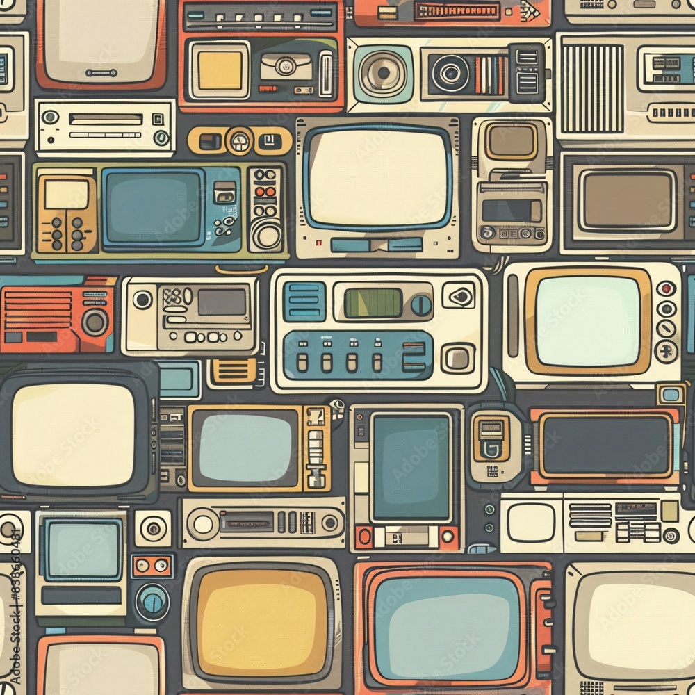 Poster a seamless pattern of various retro devices, harmoniously blended to create an intricate and continu