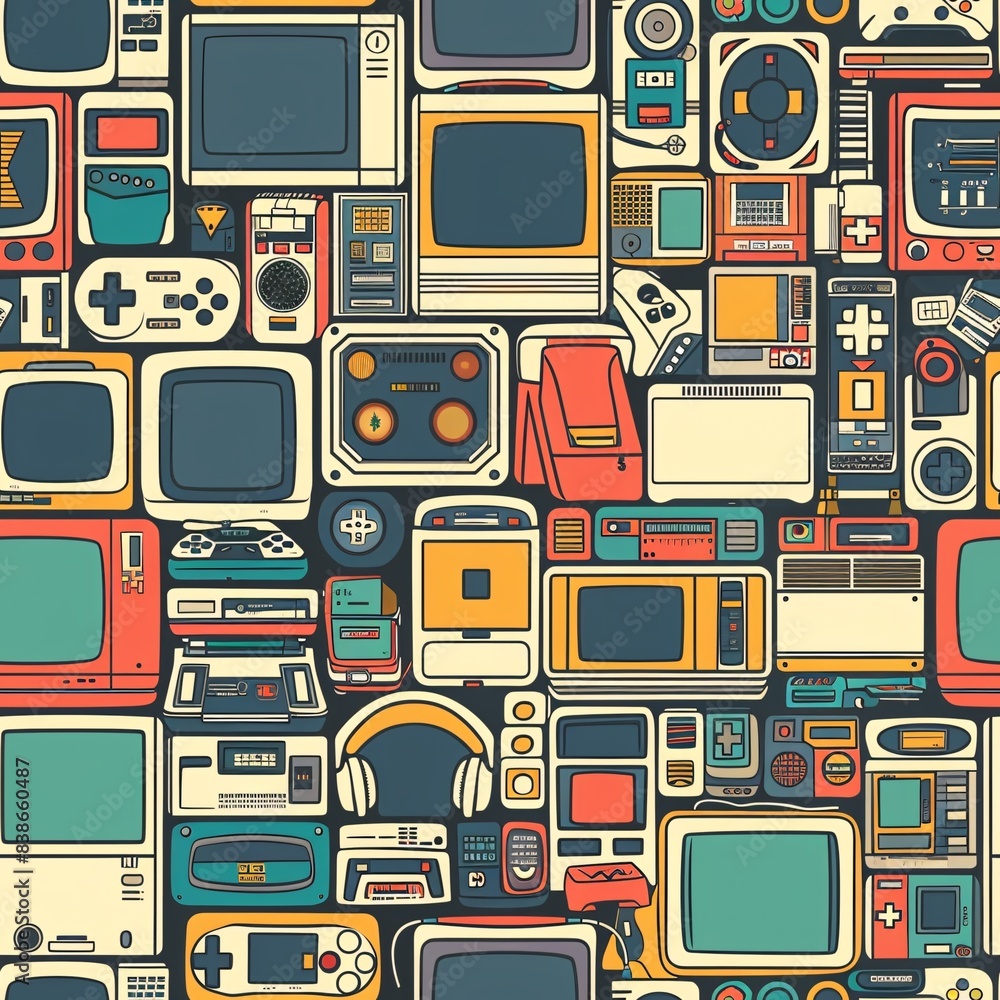 Aufkleber a seamless pattern with a variety of retro technology including early computers, game consoles, and 