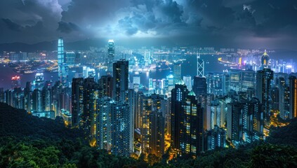 Fototapeta premium Illuminate a skyline dotted with towering skyscrapers and glittering city lights, representing urban prosperity and growth.