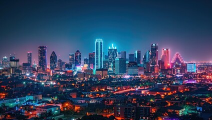 Fototapeta premium Illuminate a skyline dotted with towering skyscrapers and glittering city lights, representing urban prosperity and growth.