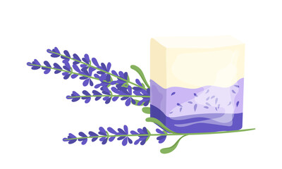 Bar of lavender hand soap handmade beauty and body care cosmetics isolated vector illustration