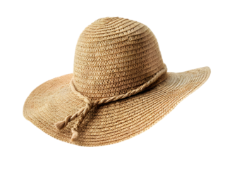 A close-up of a beige woven straw hat with a wide brim and braided decorative band, isolated on a white background.transparent, png,
